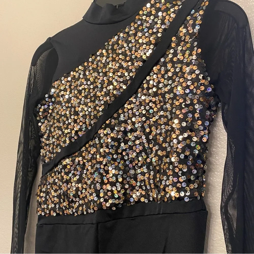 WEISSMAN Dance jazz Costume black silver gold sequin biketard 11731 XLC child